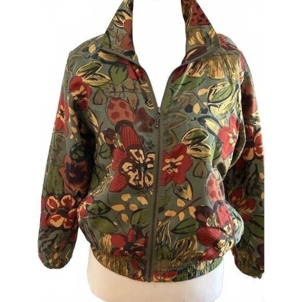 Vintage AC-TIV-OLOGY 100% Silk Bomber Jacket Floral Print Green Petite 90s Zip‎